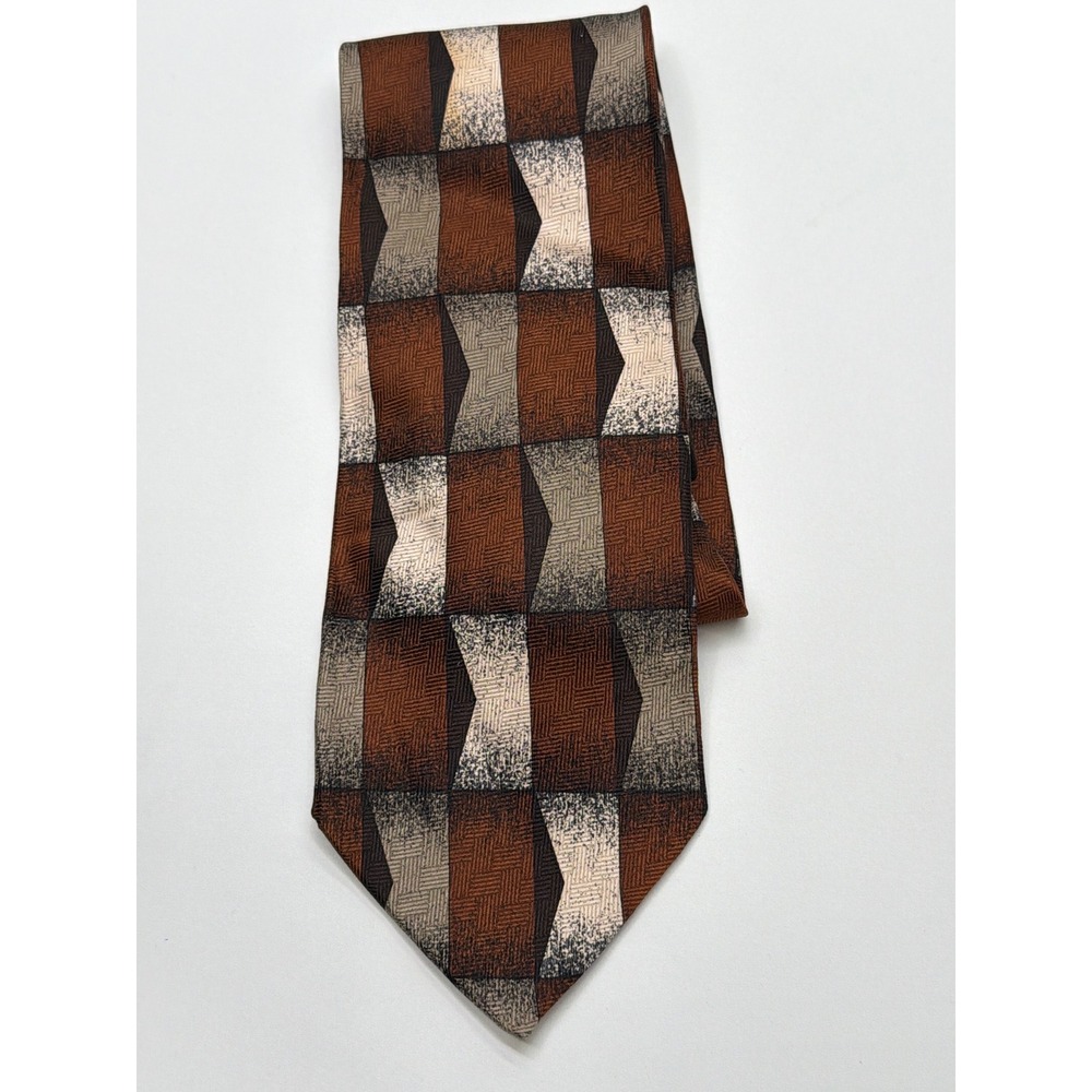 Pierre Balmain Couture Mens Silk Necktie Brown Tan‎ Grey Geometric Hand Made